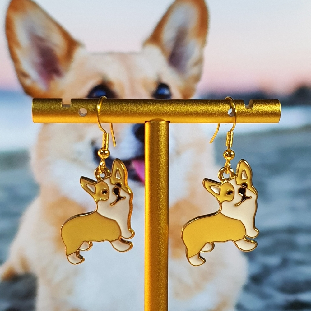 Corgi Dog Enamel Gold Metal Earings